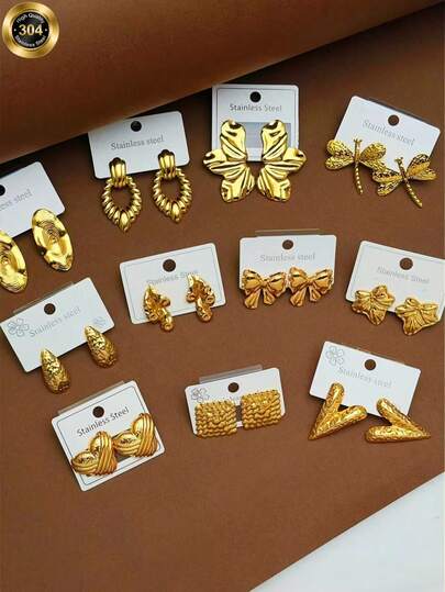 22 piezas Elegantes pendientes chapados en oro de 18K de acero inoxidable - Diseños surtidos de hojas, flores, conchas y geométricos para uso diario y regalos, accesorios del Día de San Valentín | Pendientes elegantes | Pendientes duraderos