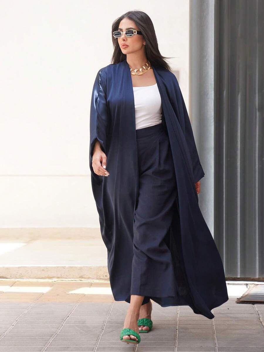 1件時尚極簡拼接復古印花手繪袖口中東女性開襟長裙 Abaya,適合日常穿著與節慶 - 藏蓝色 - 查看 1