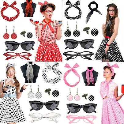 Bộ phụ kiện phong cách retro thập niên 1950 dành cho nữ: Kính mắt mèo cổ điển, băng đô chấm bi, bông tai, bộ phụ kiện bông tai đinh tán, phù hợp cho các bữa tiệc theo chủ đề thập niên 1950 và hóa trang Halloween, trang phục thanh lịch, kính mắt cần thiết cho ngày lễ tình nhân, phụ kiện hóa trang cưới dành cho nữ, phụ kiện cỡ L, phụ kiện khăn trùm đầu dành cho nữ.