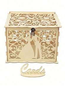 1pc Wedding Card Box With Unique Hollow-Out Design, Reception Envelope Box With Lock And Slot, DIY Hollow Wooden Box Suitable For Wedding Party, Anniversary, Birthday Party, Christmas - Wood Color - View 1