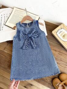 Girls Casual Loose Denim Dress With 3D Beaded Bow, Elegant Solid Color Denim Dress For Little Girls - Dark Wash - View 2