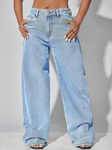 Low-Waist Wide-Leg Casual Blue Jeans With Slant Pockets For Women - Blue - View 3