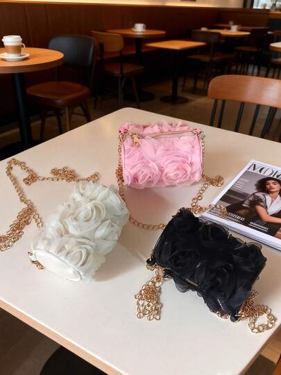 1 pieza Bolso de hombro floral 3D para niña, con cierre de cremallera, bolso de mensajero, adecuado para el Ramadán y uso diario