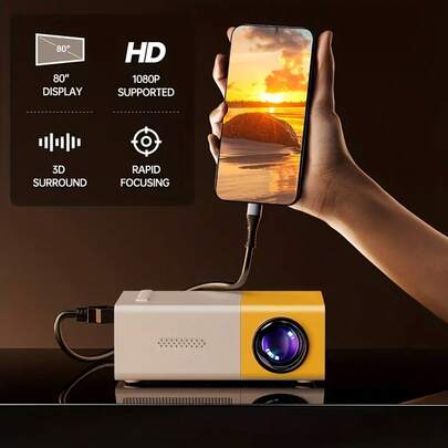 YG300 Portable Mini Projector, No Built-In System, Supports Multiple Interfaces, Suitable For Home, Office, Party, Etc., Does Not Include Adapter; Supports Wired Phone Mirroring. Requires 5V 2A Charger And Matching Data Cable - Recommended To Connect This Super Compact Projector According To The Steps In The Picture - 360*240p.