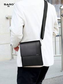 saroxi 1 件男士单肩斜挎包邮差包带侧袋多功能休闲 PU 皮革简约风格黑棕色包，送给男朋友的礼物 - 黑色 - 查看 3