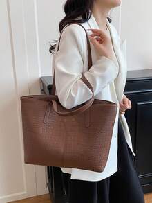 2026 Large Capacity New Crocodile Grain Tote Bag, Casual Commuter Shoulder Bag For Students & Women - Brown - View 2