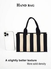 1pc Black & White Striped Minimalist Lightweight Foldable Open-Top Tote Bag, Fashionable For Outings, Commuting, Photography, Suitable For All Seasons - Multicolor - View 9