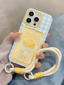 1个可爱卡通奶酪格子图案手机壳，带卡槽，适用于 11/12/13/14/15/16 Pro/17 Pro Max，全包保护壳，带挂绳，情人节礼物 - 藍色 - 查看 1