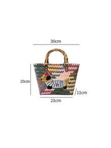 1 pieza Bolso tejido a rayas retro de salchicha, bolso de mano, bolso de tela, bolso de mano para mujer, bolso de playa - Multicolor - Ver 3
