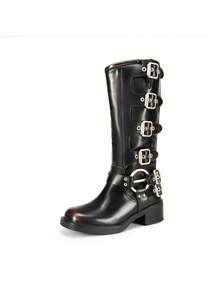 Women's Slip On Knee High Boots Square Toe Chunky Heel Classic Vintage Metallic Buckles Motorcycle Riding Boots - 鏽棕色 - 查看 3