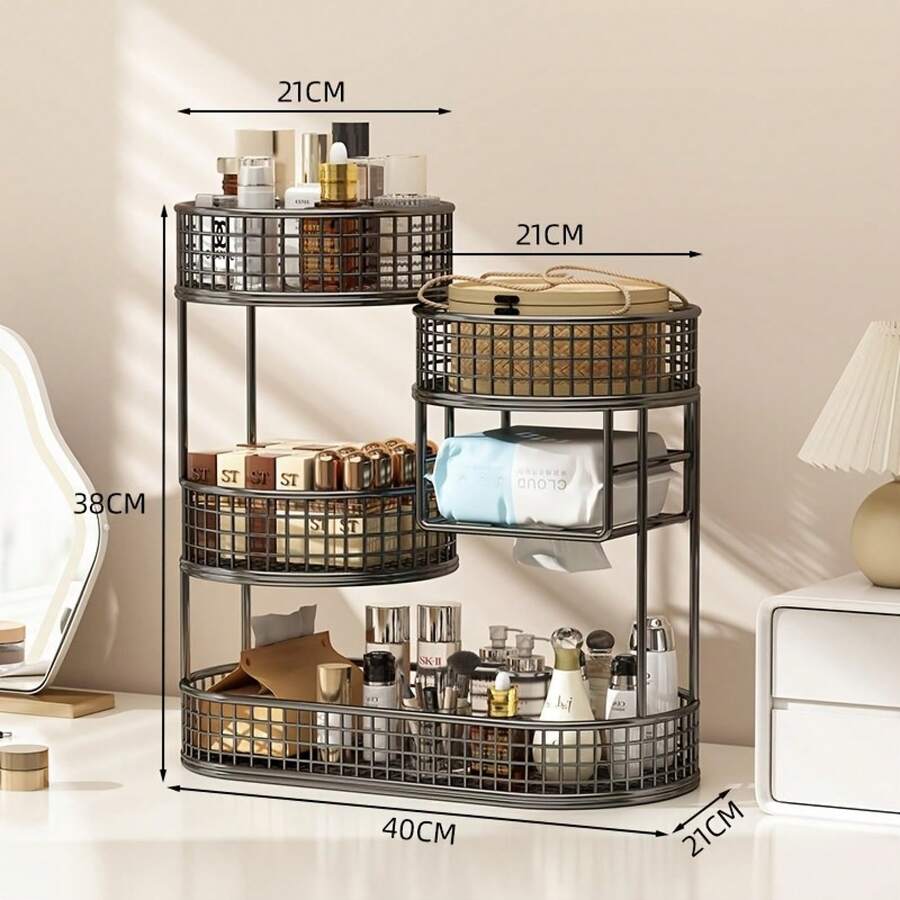 4-Layer Vanity Makeup Organizer With Tissue Holder - Metal Countertop Storage, Ideal For Bathroom Bedroom Perfume & Cosmetics - 黑色,4層 - 查看 1