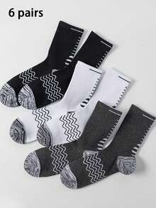 6 Pairs Men's Mid-Calf Socks, Black White Gray Striped Casual Sports Socks, Unisex All Season - Multicolor - View 2