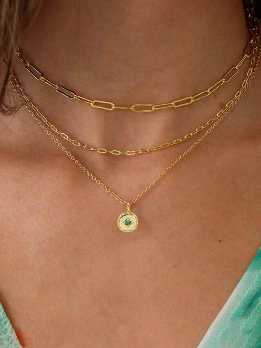 3pcs Set Gold Base Cross Chain & Square Paperclip Layered Design Round Sunflower Cubic Zirconia Pendant, Suitable For Women's Daily Wear (Random Chain Clasp & Bead Count) - Yellow Gold - View 1