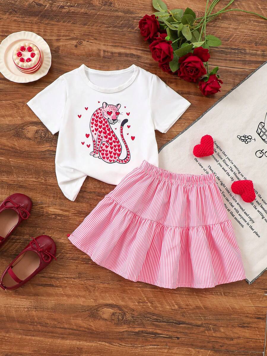 Bộ 2 món cho bé gái, áo thun in hình trái tim và da báo cùng chân váy kẻ sọc, trang phục mùa hè ngọt ngào. - trắng - Xem 1