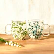 1个/2个双层玻璃杯，饰以逼真的花草图案，可重复使用，适用于牛奶、冷热饮、咖啡、抹茶、卡布奇诺等。透明玻璃杯，仅限手洗。情人节和生日的独特礼物。 - 彩色 - 查看 10