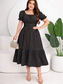 Elegant Women's Midi Dress With Ruched Detail And Two Tiers - Black - View 4