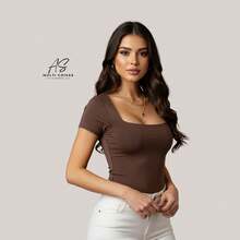 Set Of 4 Baby Look Blouses With Double Front Lining And Square Neckline. Simple. None. Vacation. Beach. - BLACK//BROWN/YELLOW - View 3