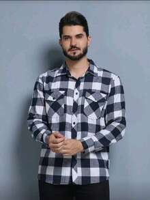 Men's Long-Sleeved Plaid Flannel Dress Shirt, Regular Fit, Buttons Down The Front, With Pocket. - Navy Blue - View 4