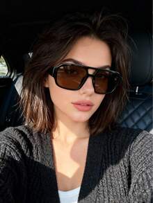 1 pieza Gafas de moda de mujer con puente doble y estilo retro, gafas de moda de alta gama y estilo callejero - rebanadas de té de marco negro - Ver 3