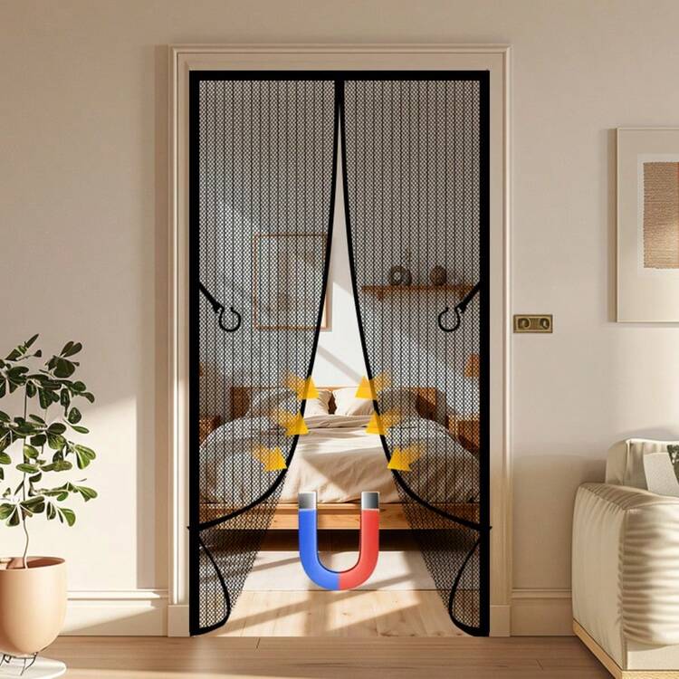 夏季升级款超大黑色条纹磁性自闭合防蚊门帘，加厚网布，耐用隐形设计，透气性好，适用于家居、露台、户外、卧室、浴室、阳台、厨房，适合大多数门，宠物友好，加宽磁性防虫纱帘 - 方孔黑 - 查看 8