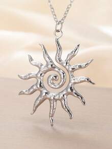 1pc Silver Stainless Steel Non-Fading Exaggerated Sun Pendant Long Necklace, Fashionable Suitable For Daily Wear, Beach, Travel - Silver - View 2