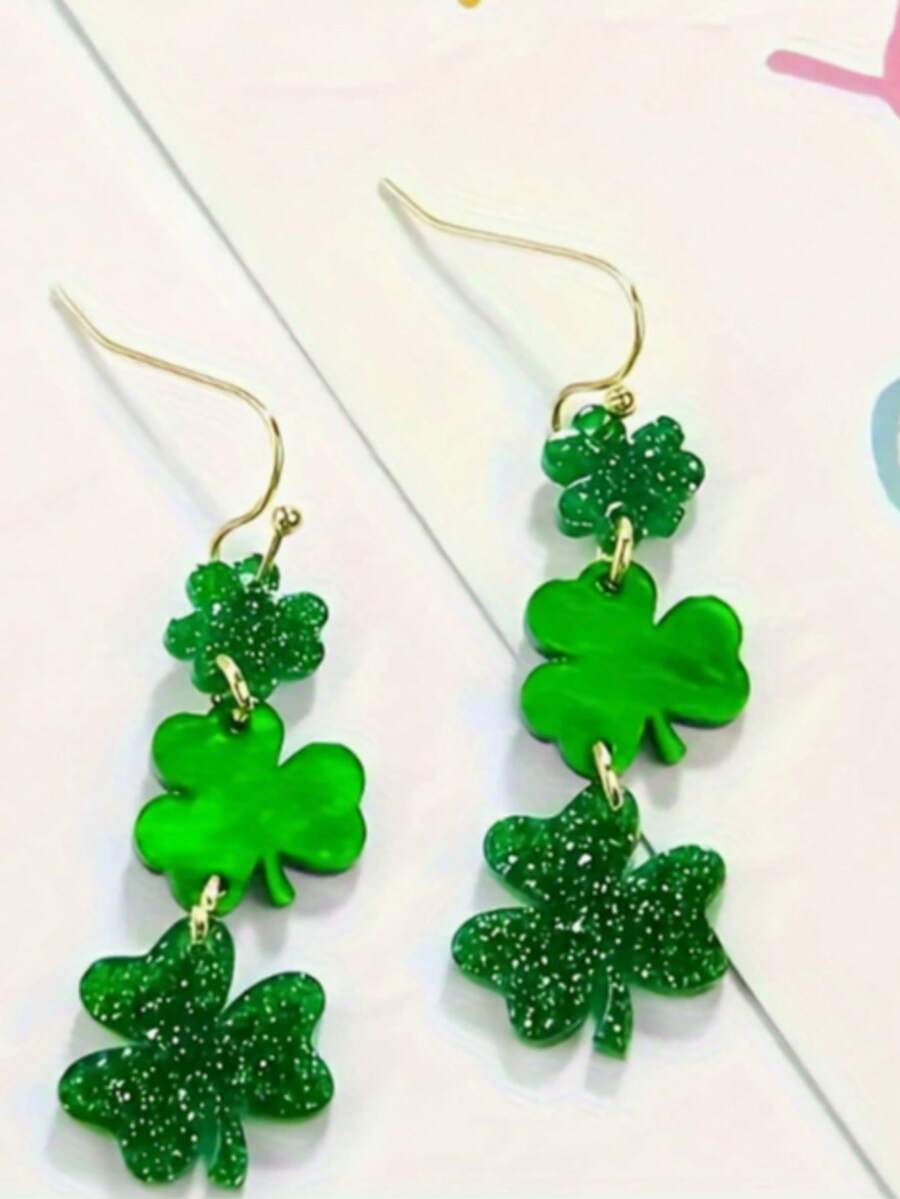 1 Pair Shiny Acrylic Green Clover Earrings, Women's St. Patrick's Day Jewelry Gift - Green - View 1