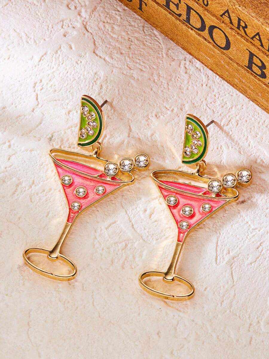 1 Pair Bohemian Style Lime Cocktail Glass Elegant Watermelon Drink Cup Creative Women Fashion Dangle Earrings, Suitable For Spring/Summer Vacation And Daily Wear, Great Gift - Earrings - View 1