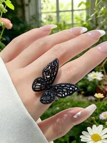 1pc Silver Multi-Color Copper Plated Gold Butterfly Shape Ring With Cubic Zirconia, Suitable For Everyday Wear - Black - View 12