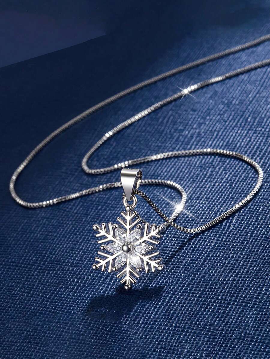 1件S925纯银浪漫雪花吊坠项链，时尚百搭锁骨链，优雅精致项链，女士礼物 - 雪花 - 查看 1
