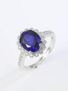1pc Luxury Elegant S925 Silver Adjustable Ring For Women, Featuring 4-Claw Setting Of Lab-Grown Royal Blue Sapphire, Exquisite & High-End, Suitable For Valentine's Day, Ramadan - Silver - View 1