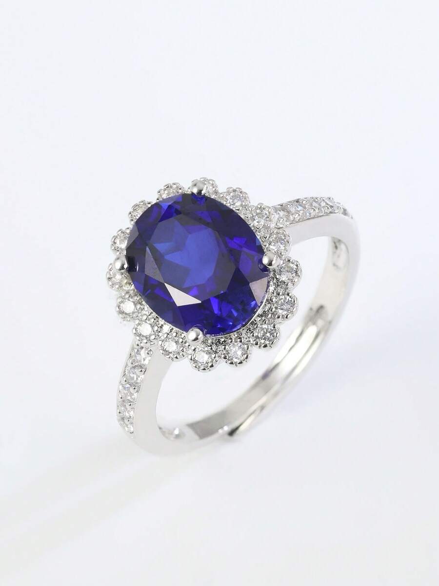 1pc Luxury Elegant S925 Silver Adjustable Ring For Women, Featuring 4-Claw Setting Of Lab-Grown Royal Blue Sapphire, Exquisite & High-End, Suitable For Valentine's Day, Ramadan - Silver - View 1