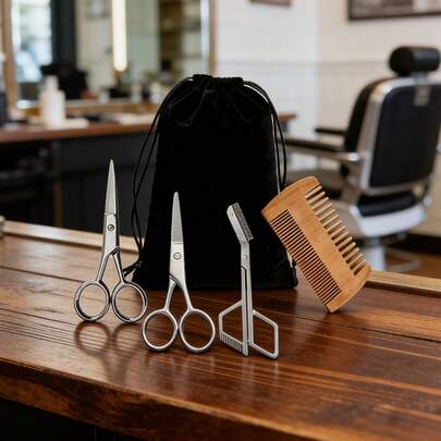 J·FOCUS Kit de recorte de barba para hombres - Tijeras de bigote de acero inoxidable, peine de madera, recortador de cejas, bolsa de almacenamiento portátil, adecuado para principiantes, herramientas de arreglo de barba, esencial para el aseo diario, viajes, regalo ideal para vacaciones, San Valentín, cumpleaños, fiestas, Día de la Madre, Día del Padre, novio, novia, regalos de negocios