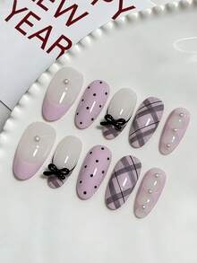 10pcs Short Oval Handmade Delicate Nail Art, French Purple Pearl Dotted Plaid Design Enhances Sweet Atmosphere, Rhinestone Decor Random Glossy False Nails Accessories - Multicolor - View 2
