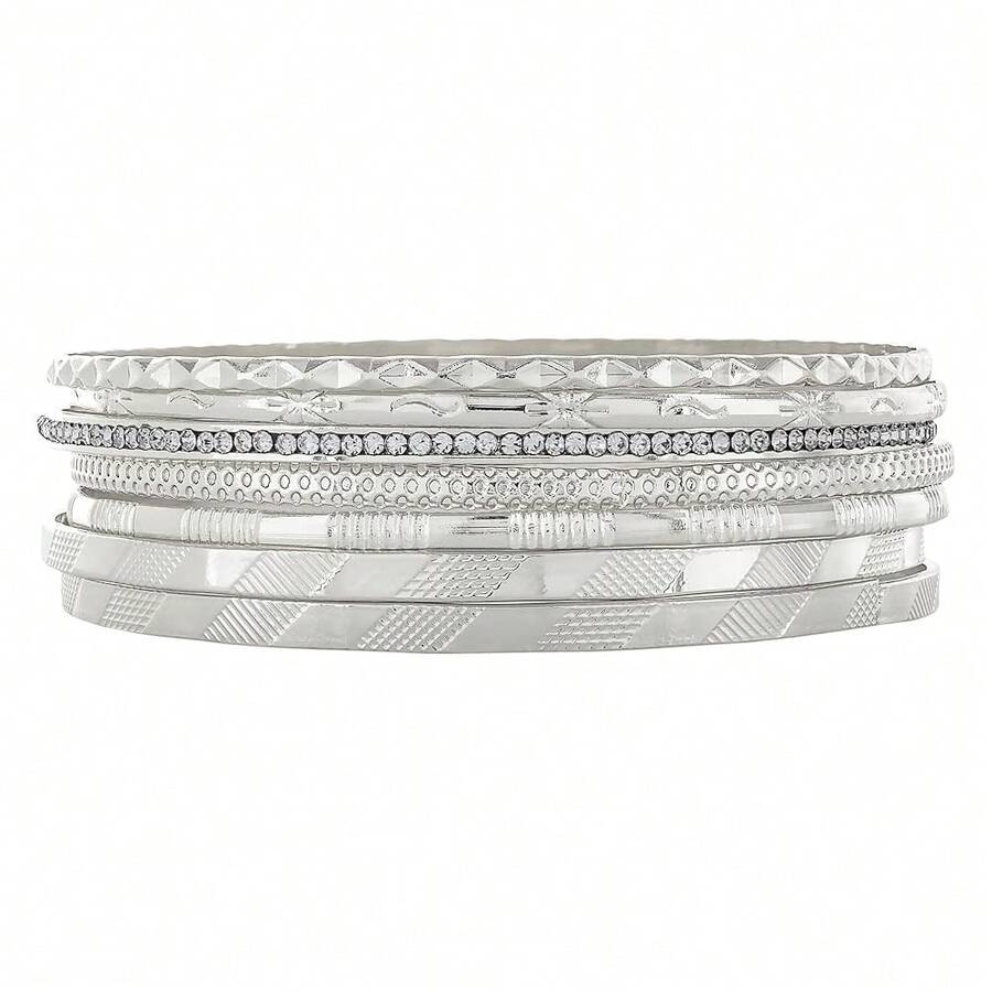 And Lovely Plus Size 14K Gold Textured Bracelet - 18K Gold Or Rhodium Plated Thin Wire Bangle Bracelets - Multi Texture Bangles With Crystal Rhinestones For Women For Her - SilverSetof7 - 查看 1