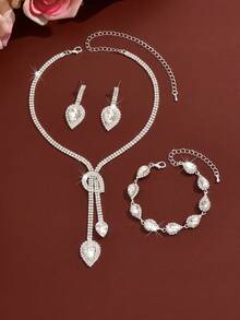 1 Set de joyería con aretes, collar y pulsera con gotas de agua y rhinestones, apropiado para uso diario, bodas, banquetes y fiestas de mujer - conjunto de joyas - Ver 7