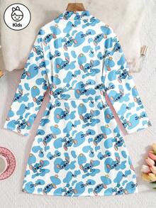 Disney Bộ đồ ngủ dài tay dáng suông in hình hoạt hình Stitch dành cho bé gái tuổi teen, chất liệu satin mềm mại, thoáng khí, thích hợp mặc ở nhà suốt bốn mùa. - Xanh và trắng - Xem 2