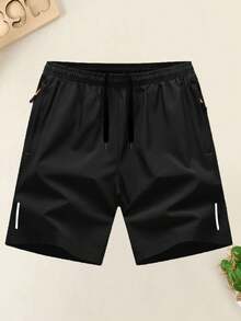 Shorts masculinos essenciais, leves e de secagem rápida (1 peça) | Roupa íntima casual de verão para esportes, corrida e fitness, com cós elástico com cordão e bolsos com zíper. - Preto - Ver 3
