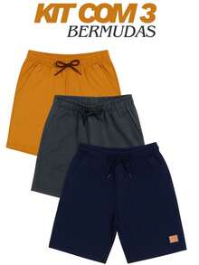 Kit Of 3 Boys' Fleece Shorts With 2 Pockets (SMALL SIZING) - xanh hải quân/xám/caramel - Xem 5