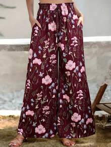 大码女式印花系带腰带口袋阔腿宽松裤 - 酒紅色 - 查看 1