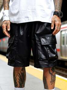 Pantalones cortos cargo de hombre de piel sintética negra, estilo urbano - Negro - Ver 3