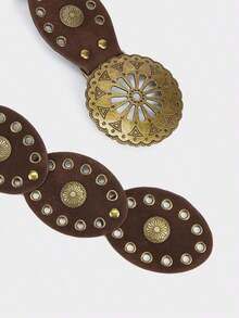 1pc Western Cowgirl Boho Style Women's Belt, Boho Belt, Western Belt, Gothic Velvet Patchwork Belt, Women's Fashion Accessory, Autumn/Winter Coffee & Antique Bronze Floral Oval Belt, Dress Accessory, Party, Beach, Music Festival, Y2K Style Belt, Valentine's Day - 黑色 4 - 查看 2