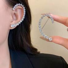 2pcs Geometric Crystal Minimalist Earrings, Fashionable Crystal Single Curved Drop Earrings - Silver - View 2