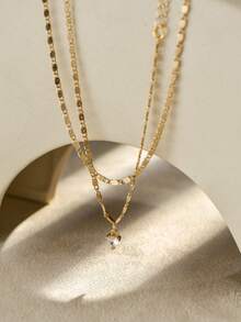 Set de 2 accesorios de pulsera de lujo con diseño de varios niveles, colgante con forma de corazón de cobre y circonita, para hombres con estilo minimalista y de moda, regalo - Dorado - Ver 1