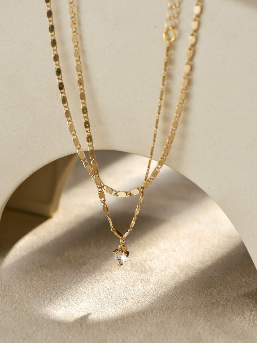 Set de 2 accesorios de pulsera de lujo con diseño de varios niveles, colgante con forma de corazón de cobre y circonita, para hombres con estilo minimalista y de moda, regalo - Dorado - Ver 1