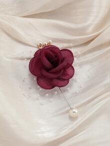 1pc/2pcs/6pcs Premium Burgundy Rose With Small Beads Metal Alloy Elegant Corsage And Pearl Chain Wrist Flower, Suitable For Groom, Bride, Groomsman, Bridesmaid - Burgundy - View 8