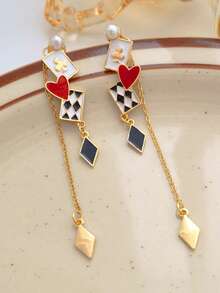 一对撞色扑克牌格纹心形吊坠耳环 - 彩色 - 查看 5