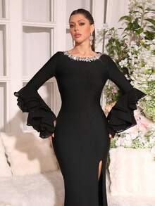Modphy New Sexy Long Sleeve Round Neck Fishbone Zipper Bodycon Bandage Party Dress - Black - View 3