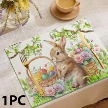 1/4/6 Piezas Manteles individuales con diseño de huevo y conejo de Pascua, manteles de lino con estampado de huevo y conejo, protector de mantel lavable, ideal para decoración de fiestas, cocina y reuniones familiares - Multicolor - Ver 11