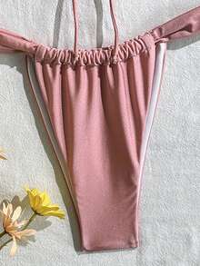 纯色优雅休闲泳衣套装，抽绳设计，肩带可拆卸，适合度假和海滩穿着 - 粉色 - 查看 8