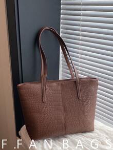 2026 Large Capacity New Crocodile Grain Tote Bag, Casual Commuter Shoulder Bag For Students & Women - Brown - View 1